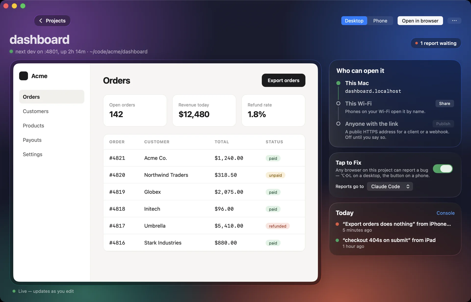 A project's page in Localdock: the dashboard app rendered live, a ladder showing who can open it, the Tap to Fix switch, and today's reports.